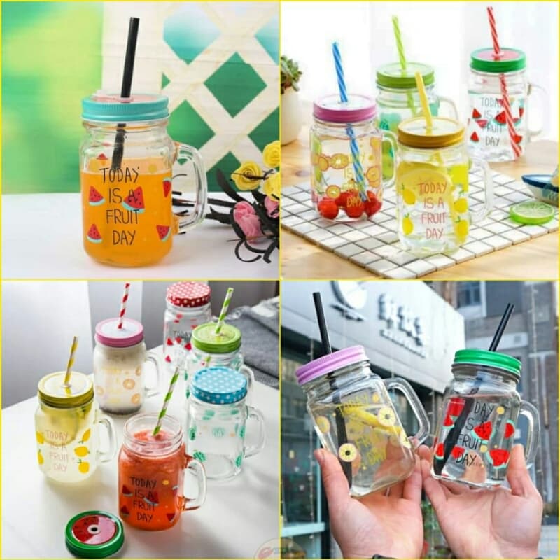 Glass Mason Jar for Juice Milkshakes with Straw and Lids